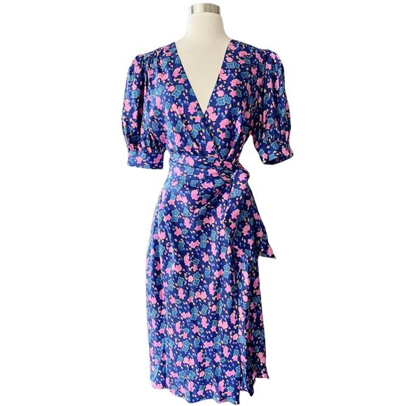 MARC JACOBS Silk Wrap Dress Half Puff Sleeves Belted Floral Blue Pink V-Neck 6 - Picture 2 of 10